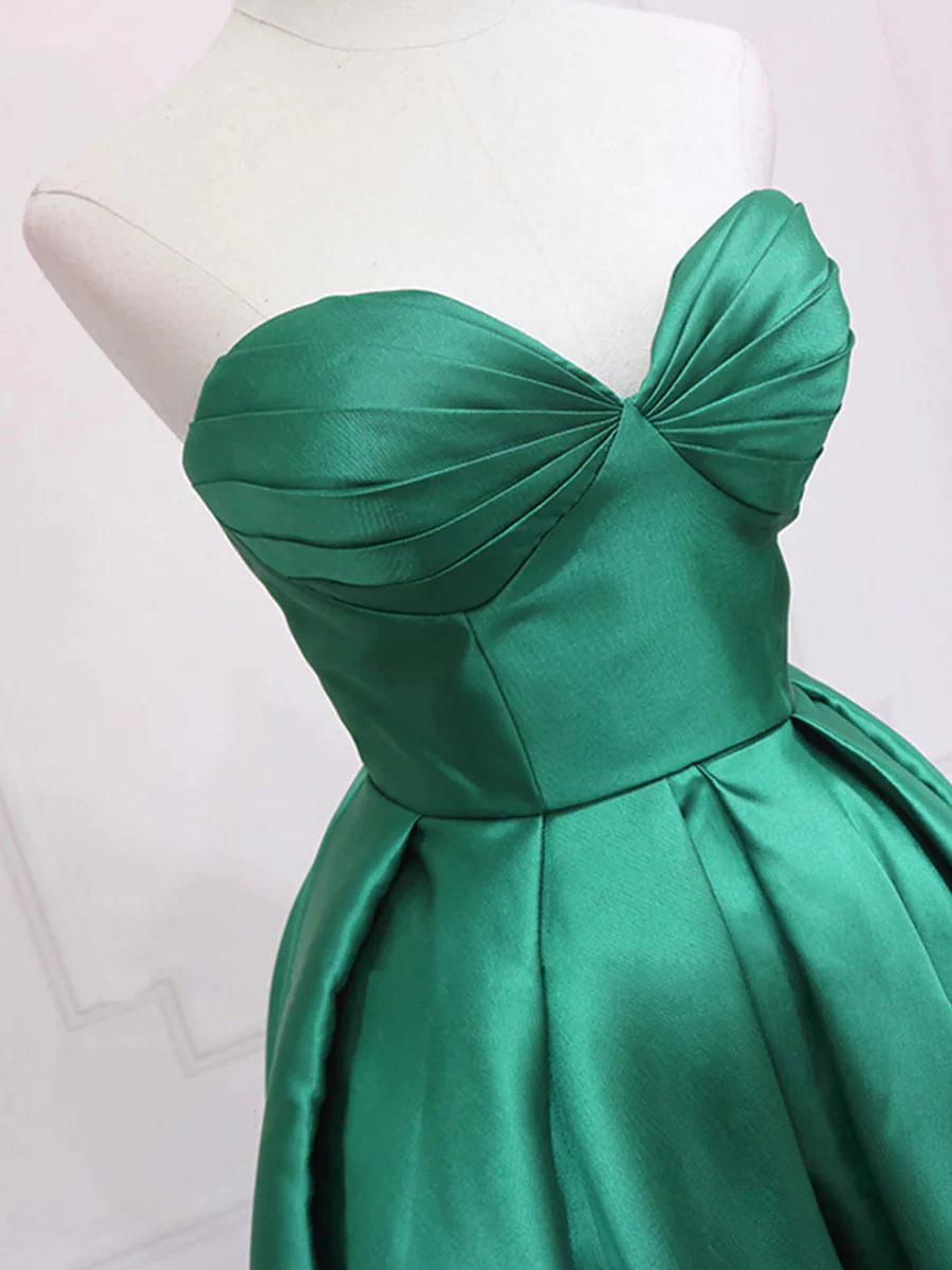 A Line Strapless Satin High Low  Asymmetric Party Dresses Green Homecoming Dresses