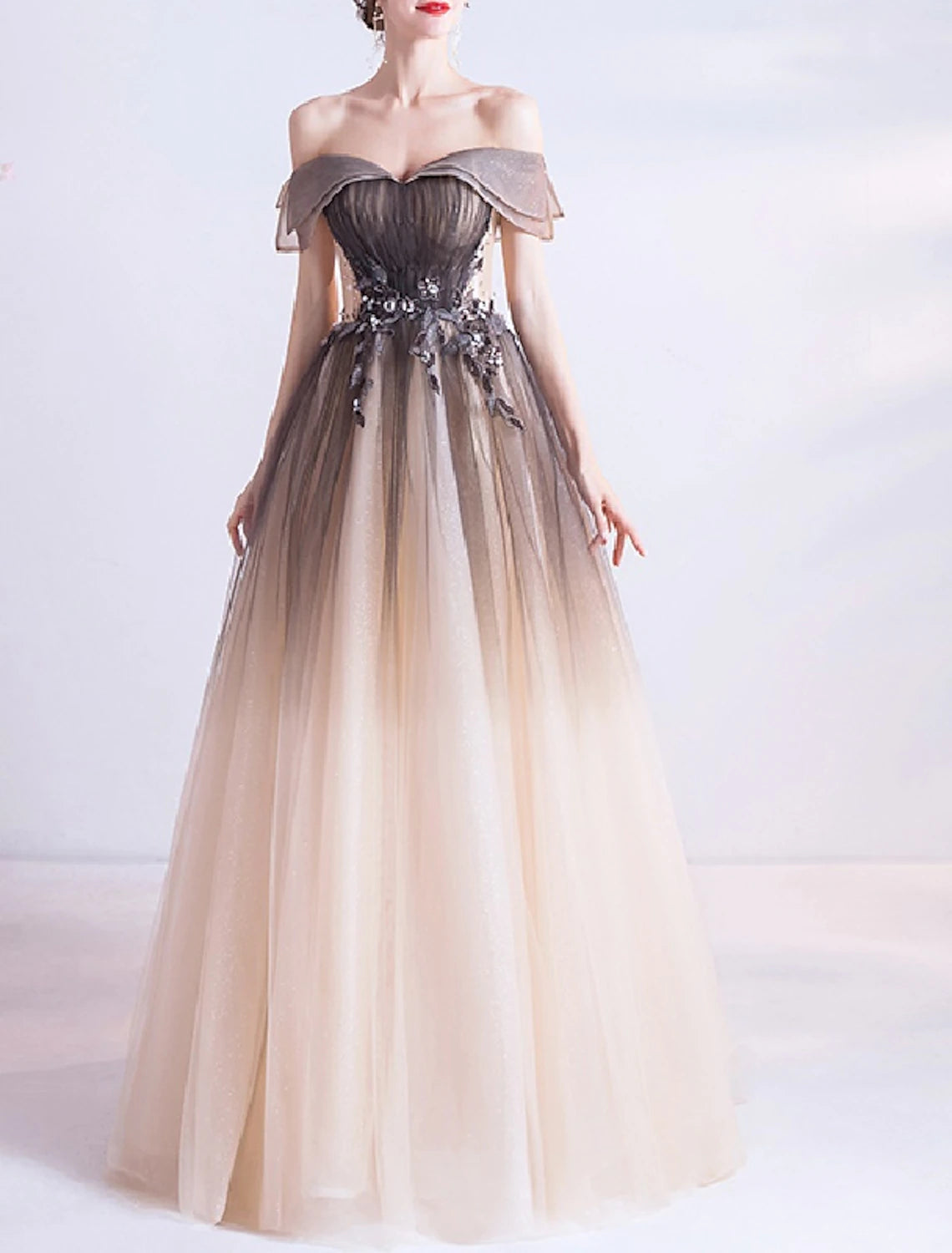 A Line Ball Gown Princess Cute Prom Dress Off Shoulder Sleeveless Floor Length Tulle with Crystals Appliques