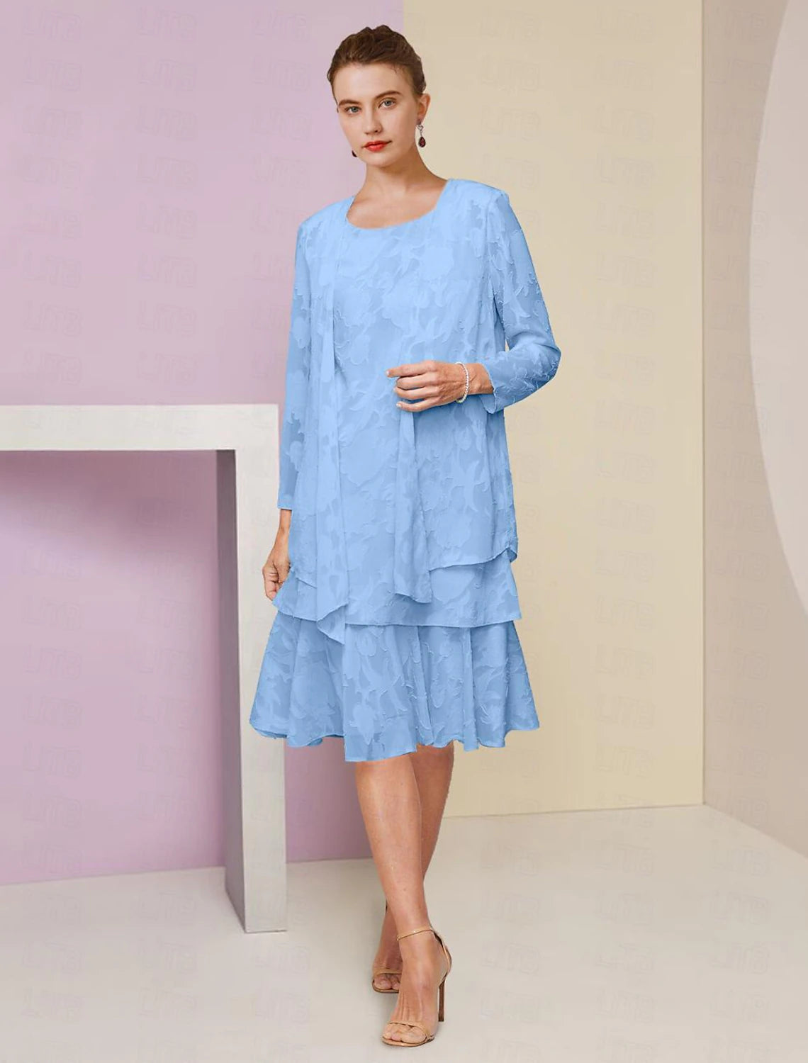 A-Line Mother of the Bride Dress Formal Wedding Guest Elegant Scoop Neck Tea Length Chiffon Long Sleeve with Cascading Ruffles
