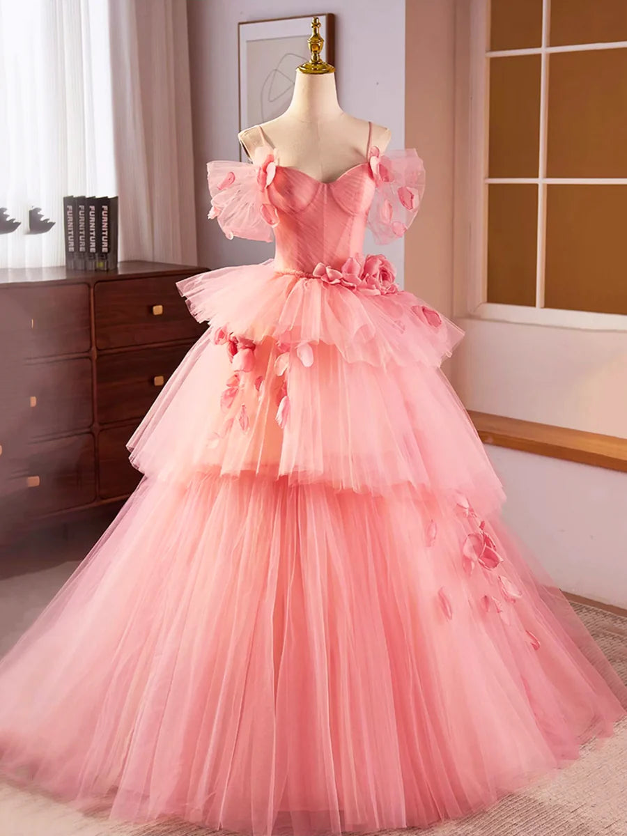 A-Line Spaghetti Strap Beautiful Pink Tulle Tiered Sweet 16 Dress Long Ball Gown Evening Party Gown With 3D Flowers