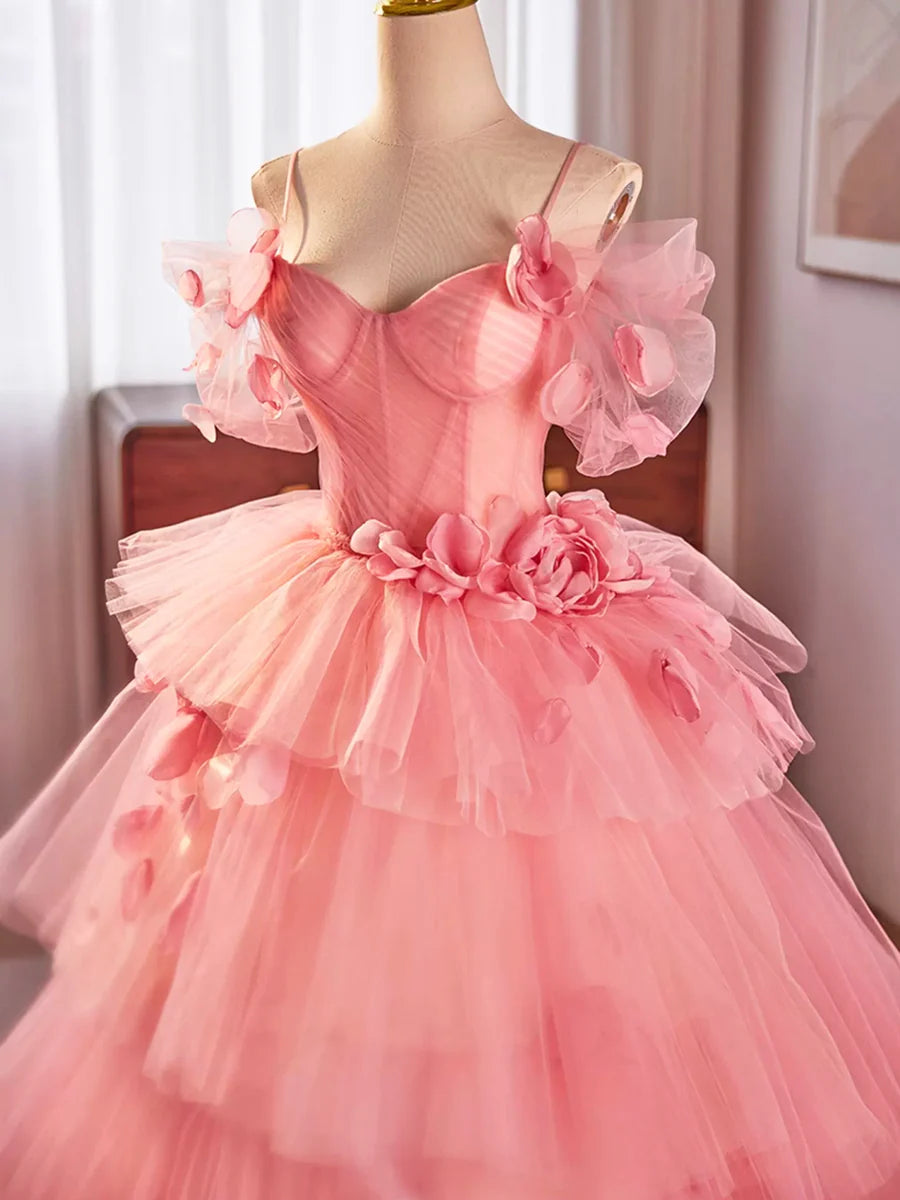 A-Line Spaghetti Strap Beautiful Pink Tulle Tiered Sweet 16 Dress Long Ball Gown Evening Party Gown With 3D Flowers