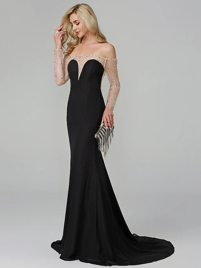 Mermaid / Trumpet See Through Dress Holiday Floor Length Long Sleeve Off Shoulder Chiffon with Beading