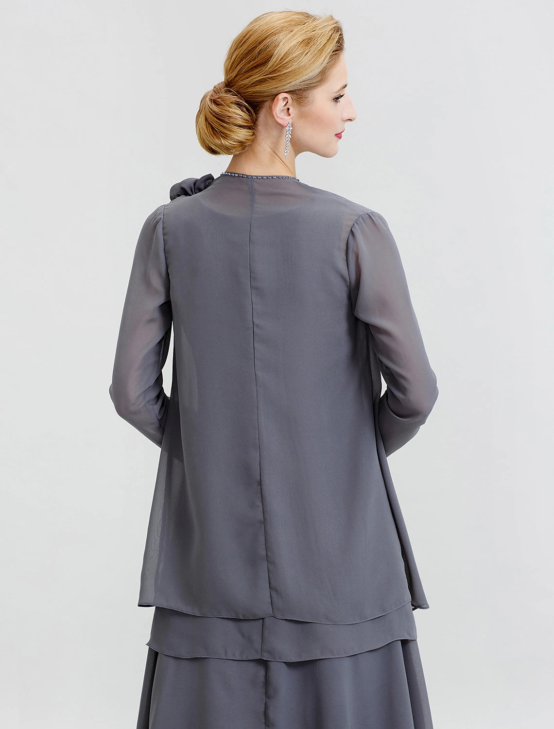 A-Line  Floral Tiered  Scoop Neck Floor Length Wedding Guest Party Dress Chiffon Long Sleeve Wrap Included Mother of the Bride Dress with Beading Flower