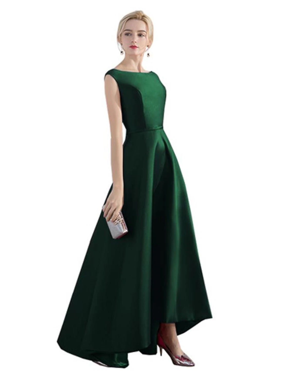 A-Line Evening Gown Christmas Red Green Dress Wedding Guest Party Wear Asymmetrical Sleeveless Jewel Neck Satin with Sleek