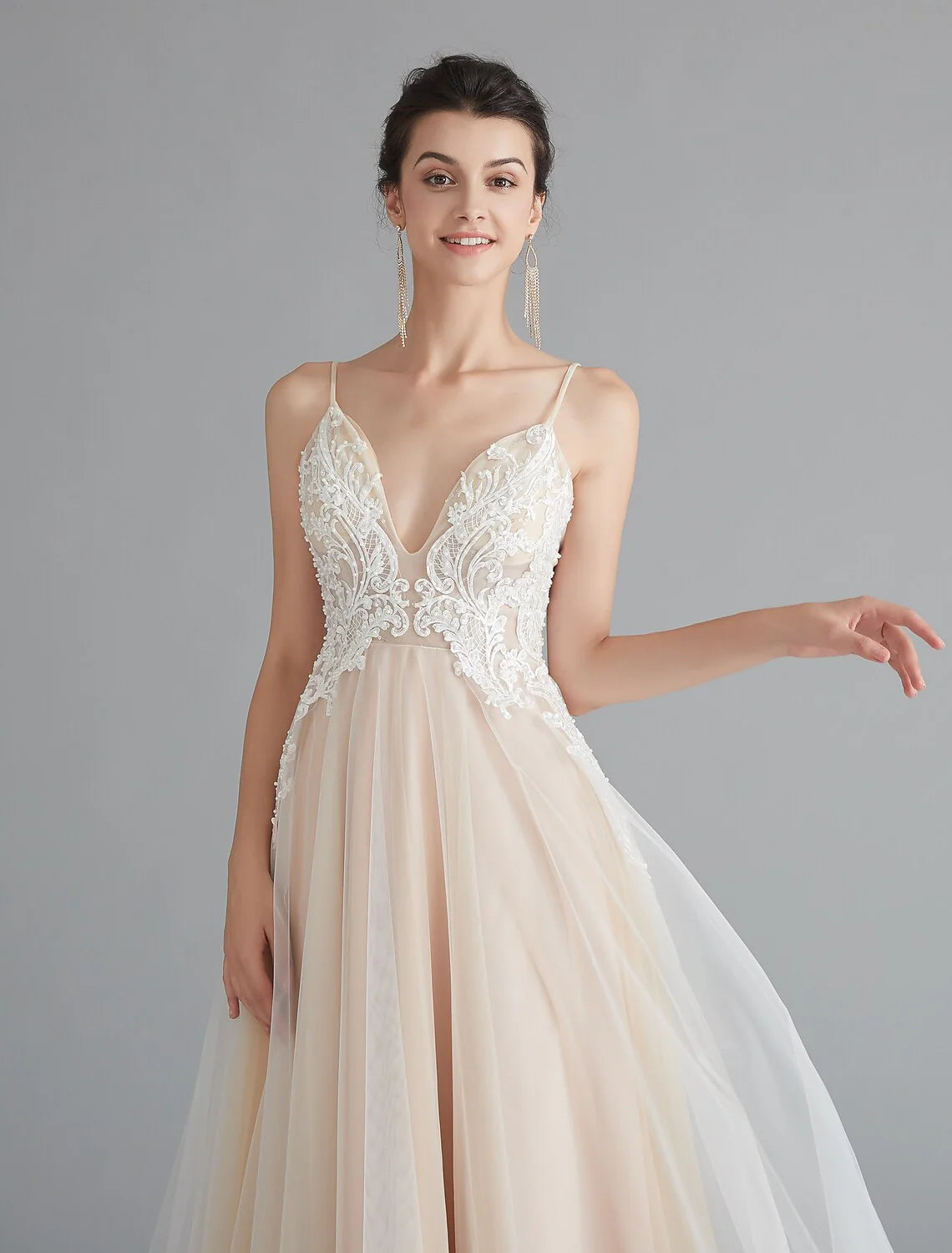 A-Line Prom Dresses Beautiful Back Dress Wedding Guest Sweep / Brush Train Sleeveless V Neck Lace with Beading