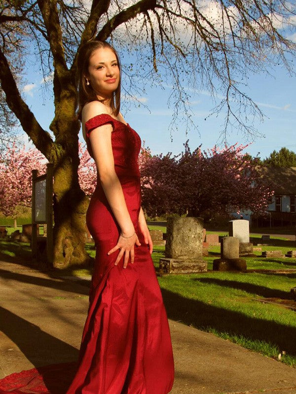 Trumpet/Mermaid Satin Sleeveless Sweep/Brush Train Off-the-Shoulder Lace Dresses