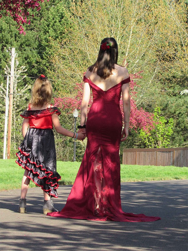 Trumpet/Mermaid Satin Sleeveless Sweep/Brush Train Off-the-Shoulder Lace Dresses