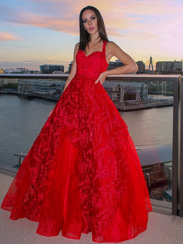 A-Line/Princess Party Dresses Formal Dresses Straps Tulle Sleeveless Floor-Length Applique Dresses