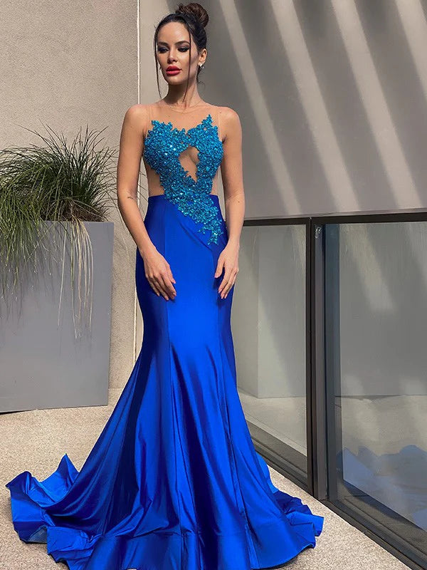 Mermaid Applique Jersey Scoop Sleeveless Prom Dresses with Sequin