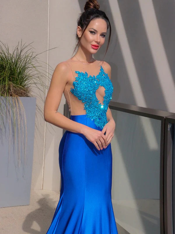 Mermaid Applique Jersey Scoop Sleeveless Prom Dresses with Sequin
