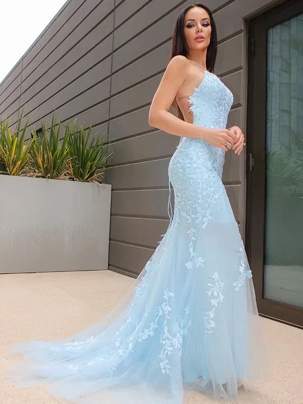 Halter Sleeveless Lace Tulle Prom Dresses Floor Length Chiffon with Appliques