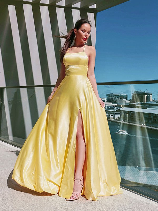 A-Line/Princess Spaghetti Straps Elastic Woven Satin Sleeveless Ruffles Sweep/Brush Train Dresses Party Dresses Formal Dresses