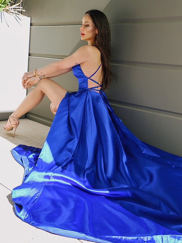 A-Line/Princess Spaghetti Straps Elastic Woven Satin Sleeveless Ruffles Sweep/Brush Train Dresses Party Dresses Formal Dresses