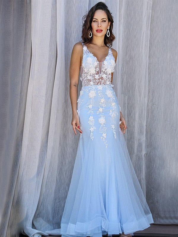 Trumpet/Mermaid Tulle V-neck Sleeveless Applique Floor-Length Dresses Party Dresses Formal Dresses
