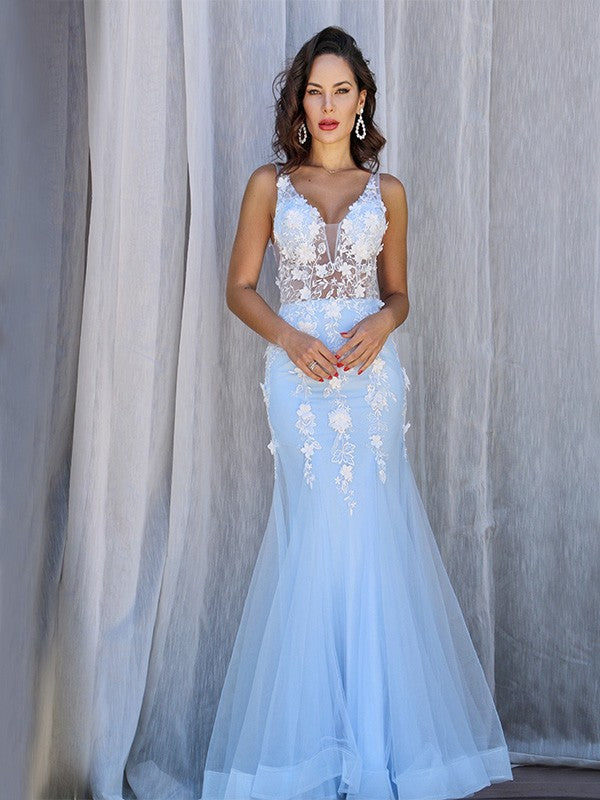 Trumpet/Mermaid Tulle V-neck Sleeveless Applique Floor-Length Dresses Party Dresses Formal Dresses