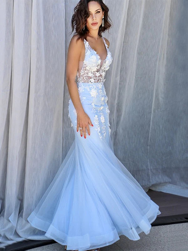 Sheath Tulle V-neck Sleeveless Applique Floor-Length Backless  Prom Dresses