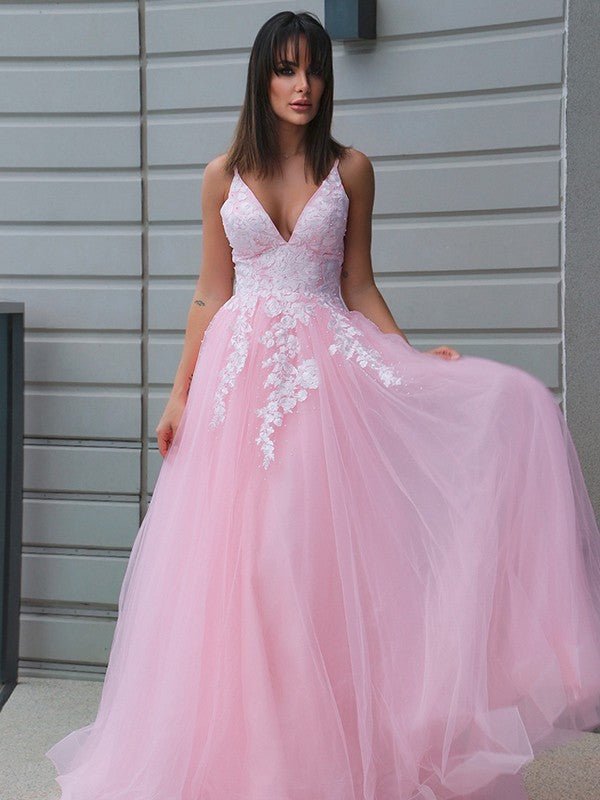 A-Line/Princess Tulle V-neck Applique Sleeveless Floor-Length Party Dresses Formal Dresses