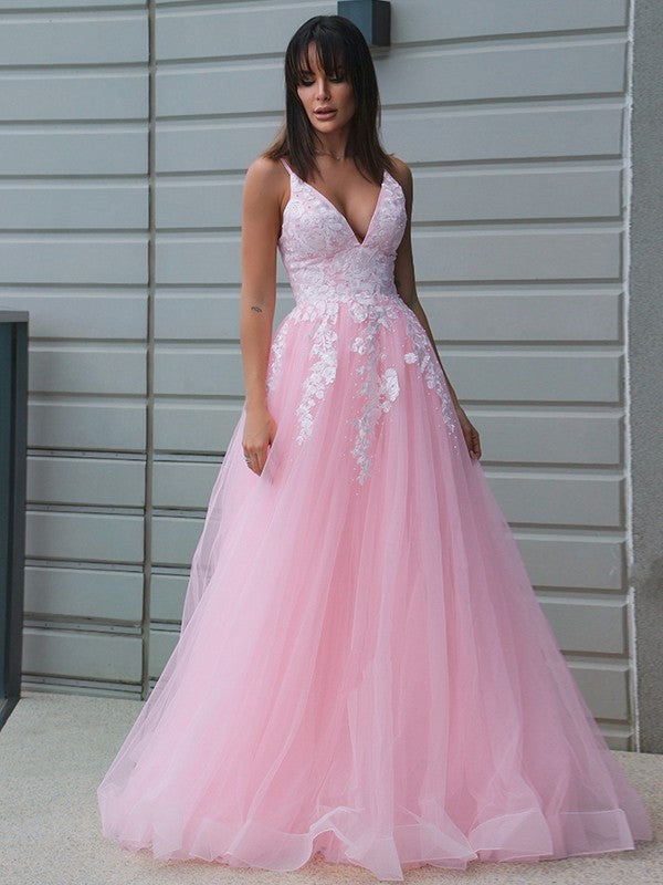 A-Line/Princess Tulle V-neck Applique Sleeveless Floor-Length Party Dresses Formal Dresses