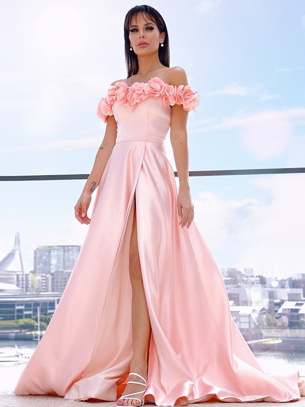 A-Line/Princess Satin Off-the-Shoulder Sleeveless Hand-Made Flower Sweep/Brush Train Dresses Party Dresses Formal Dresses