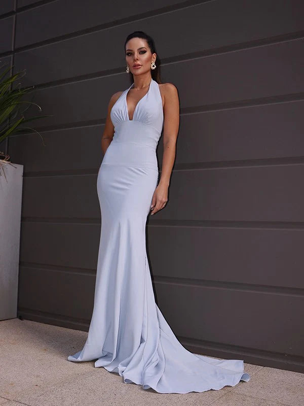 Stretch Crepe Halter Ruched Floor Length Sleeveless Prom Dresses