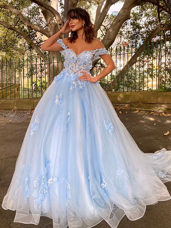 Party Dresses Formal Dresses Ball Gown Tulle Applique Off-the-Shoulder Sleeveless Sweep/Brush Train Dresses