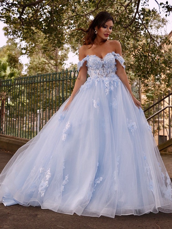 Party Dresses Formal Dresses Ball Gown Tulle Applique Off-the-Shoulder Sleeveless Sweep/Brush Train Dresses