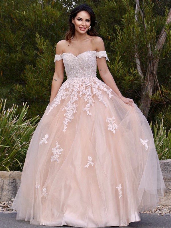 A-Line/Princess Tulle Applique Off-the-Shoulder Sleeveless Floor-Length Dresses Party Dresses Formal Dresses