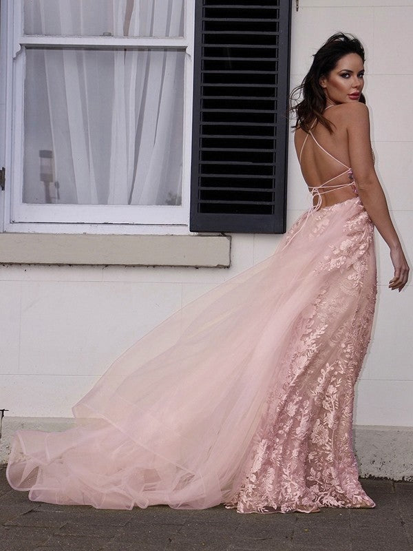 A-Line/Princess Tulle Applique V-neck Sleeveless Sweep/Brush Train Party Dresses Formal Dresses
