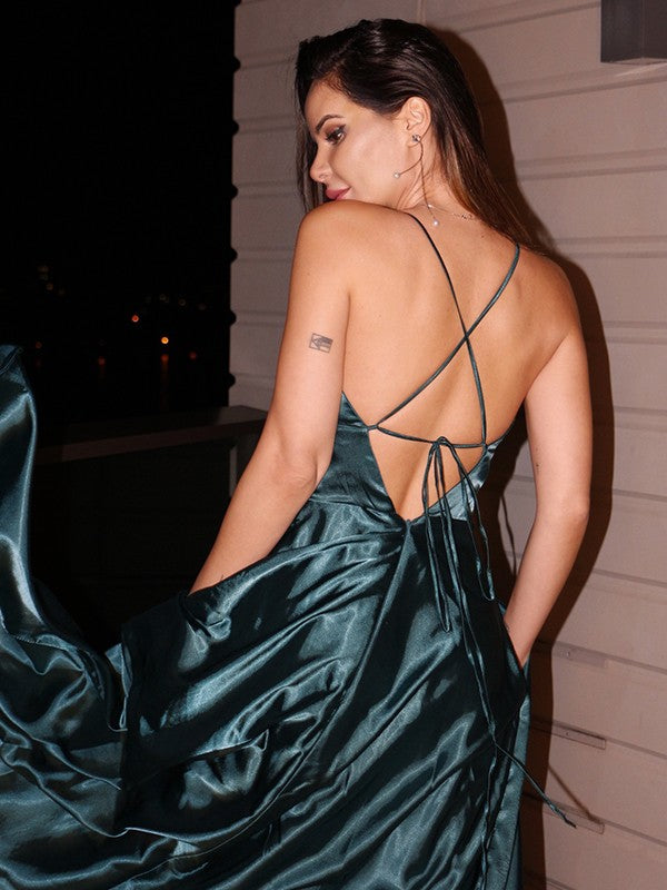 A-Line/Princess Silk like Satin V-neck Ruffles Sleeveless Floor-Length Party Dresses Formal Dresses