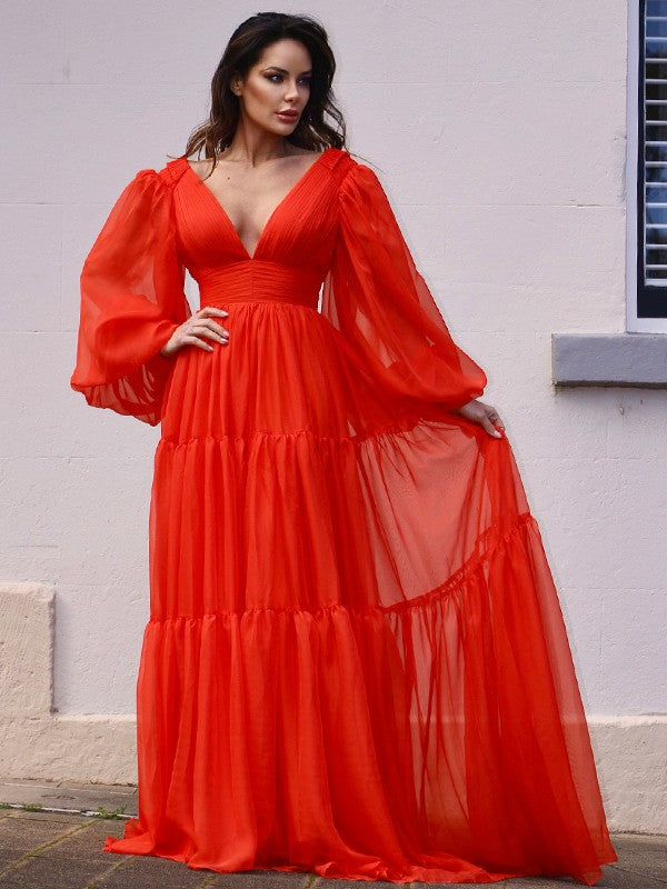 Party Dresses Formal Dresses A-Line/Princess V-neck Long Sleeves 30D Chiffon Ruffles Sweep/Brush Train Dresses