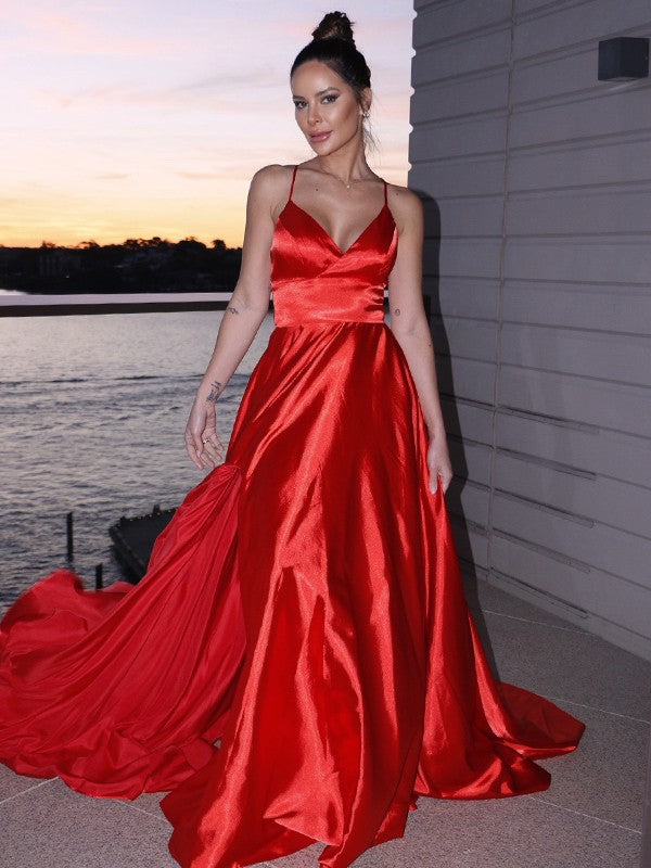 A-Line/Princess Elastic Woven Satin Ruffles V-neck Sleeveless Sweep/Brush Train Party Dresses Formal Dresses