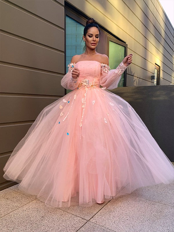 Ball Gown Hand-Made Flower Tulle Long Sleeves Off-the-Shoulder Floor-Length Party Dresses Formal Dresses