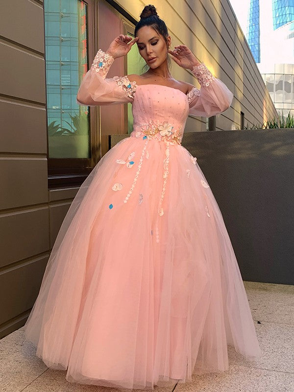 Ball Gown Hand-Made Flower Tulle Long Sleeves Off-the-Shoulder Floor-Length Party Dresses Formal Dresses