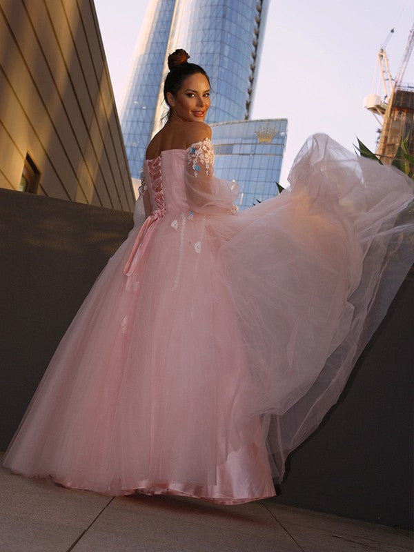 Ball Gown Hand-Made Flower Tulle Long Sleeves Off-the-Shoulder Floor-Length Party Dresses Formal Dresses