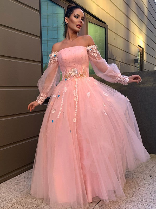 Ball Gown Hand-Made Flower Tulle Long Sleeves Off-the-Shoulder Floor-Length Party Dresses Formal Dresses