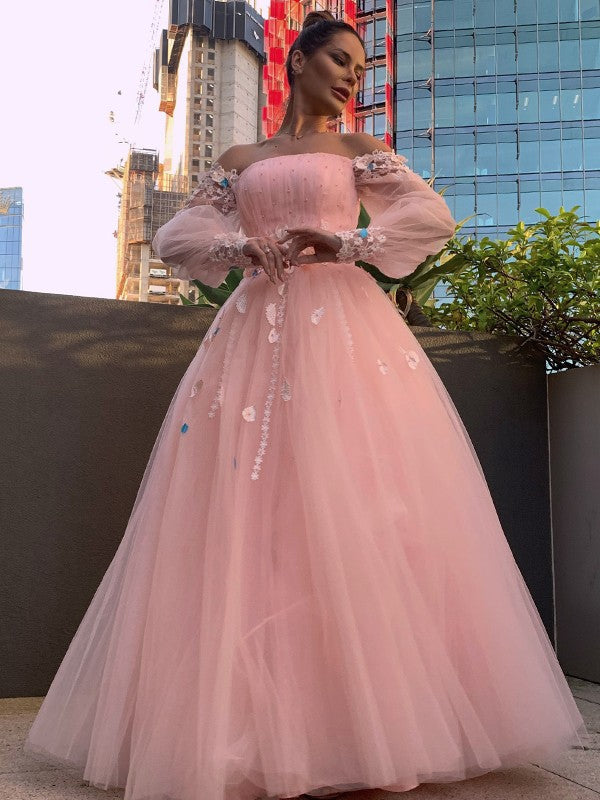 Ball Gown Hand-Made Flower Tulle Long Sleeves Off-the-Shoulder Floor-Length Party Dresses Formal Dresses