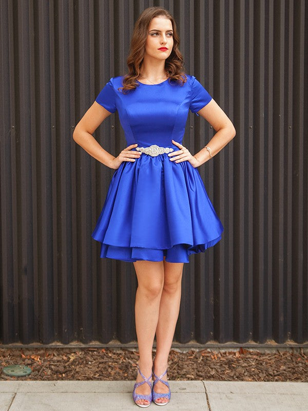 A-Line/Princess Satin Sash/Ribbon/Belt Scoop Short Sleeves Short/Mini Dresses