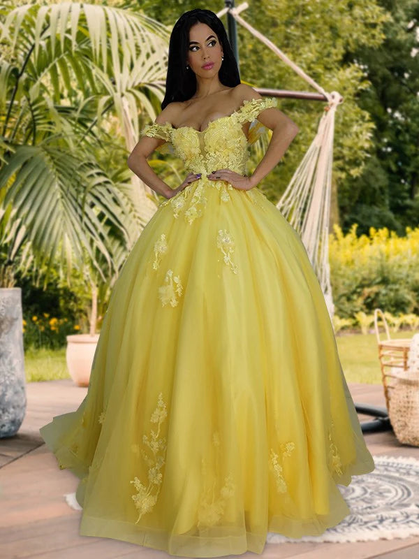 Ball Gown Tulle Applique Off-the-Shoulder Sleeveless Yellow Prom Dresses