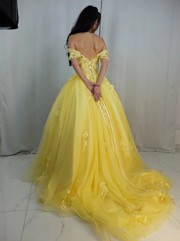 Ball Gown Tulle Applique Off-the-Shoulder Sleeveless Yellow Prom Dresses