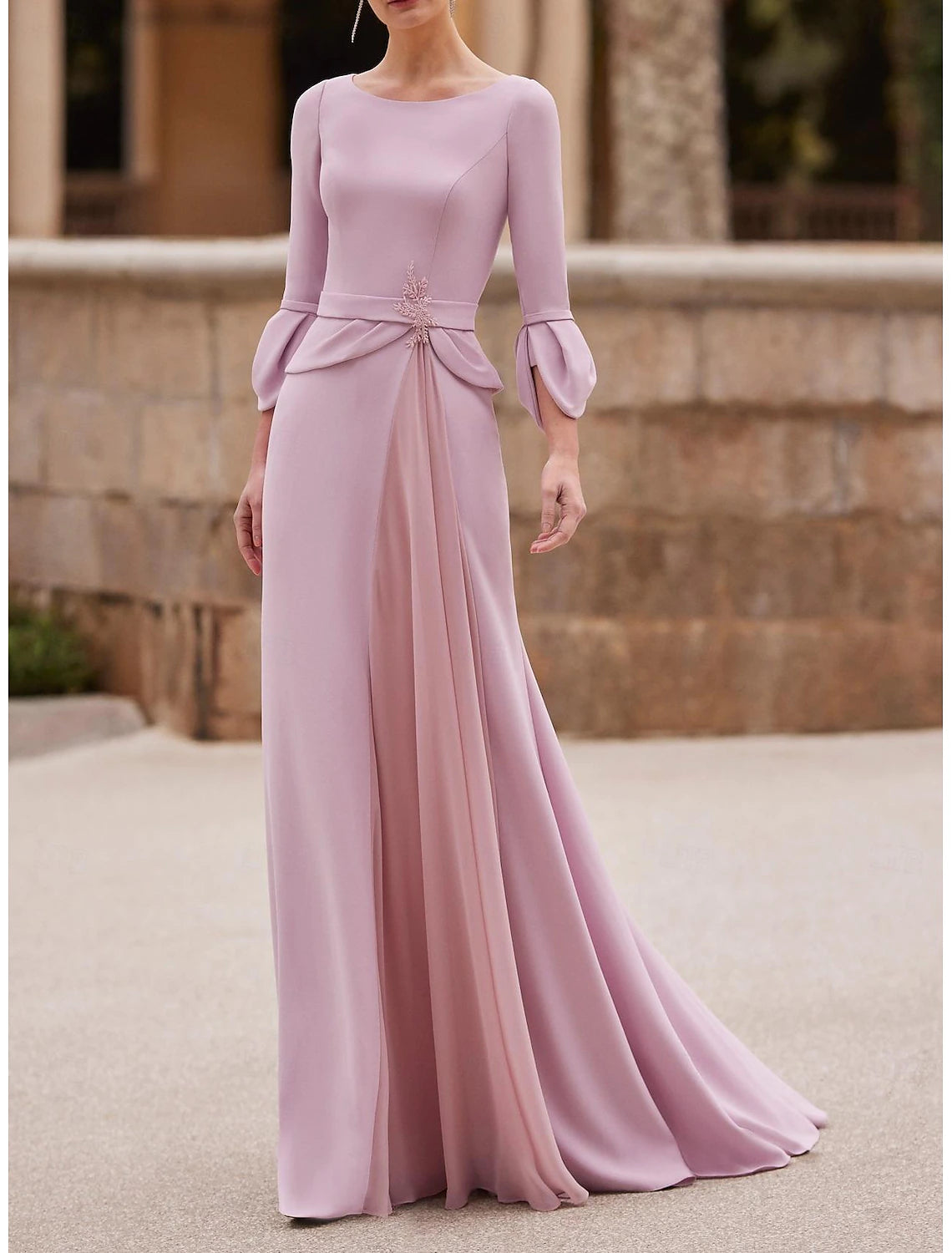 Sheath Mermaid Floor Length Chiffon Crepe 3/4 Length Sleeve Mother of the Bride Dress  with Crystal