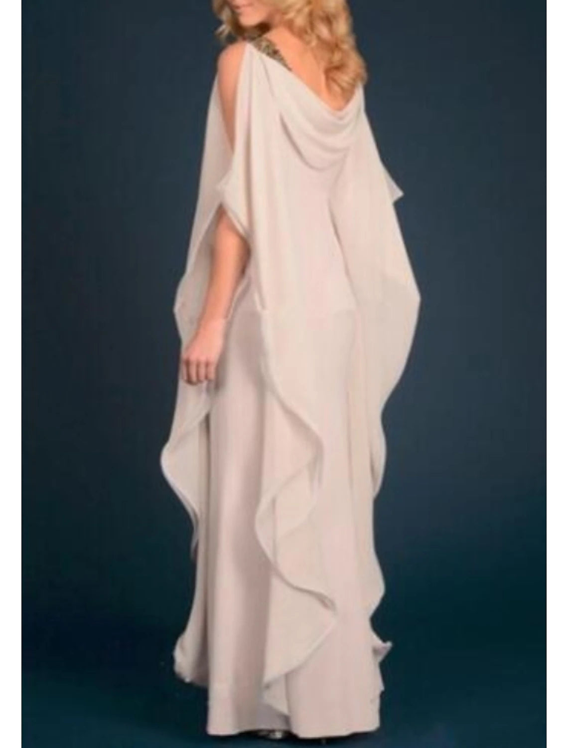 Plus Size Scoop Neck Floor Length Wedding Guest Party Dress Chiffon Half Sleeve Mother of the Bride Dress with Appliques