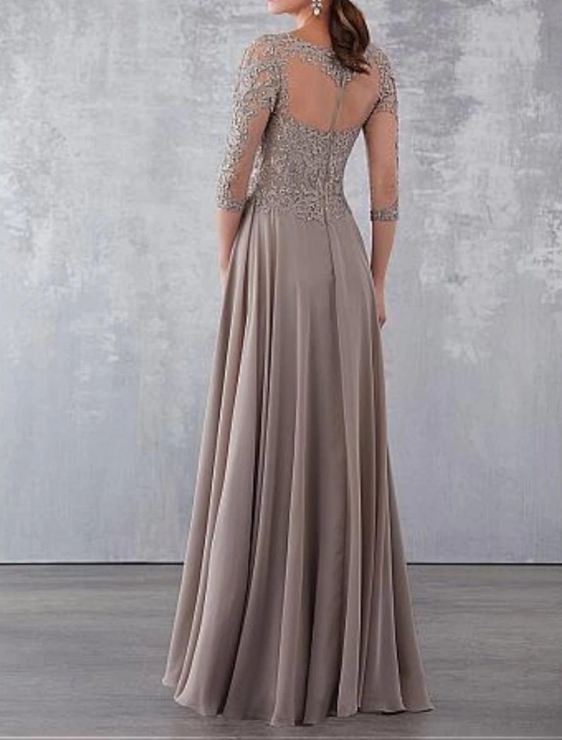 Sheath A-Line See Through Jewel Neck Wedding Guest Party Dress Floor Length Chiffon Lace 3/4 Length Sleeve Mother of the Bride Dress with Draping Appliques