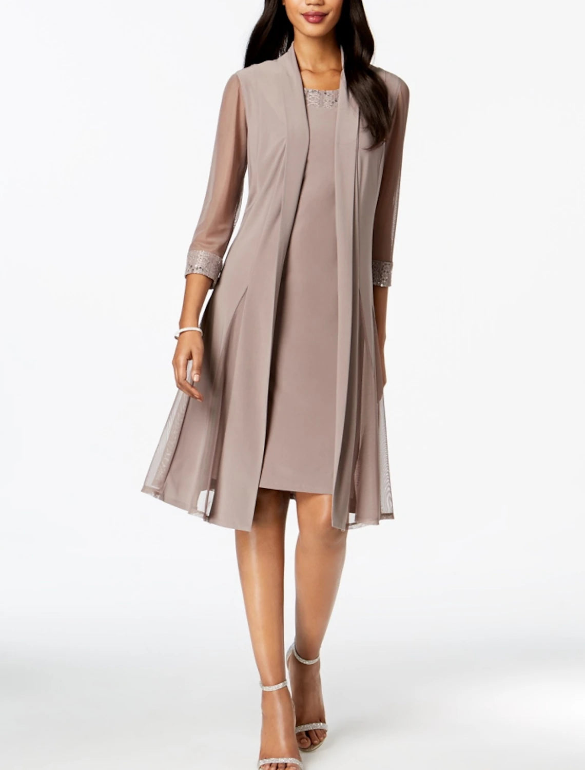 Two Pieces Mother of the Bride Dress Wedding Guest Jewel Neck Knee Length Chiffon Sleeveless Wrap Included Jacket Dresses with Sequin Ruching