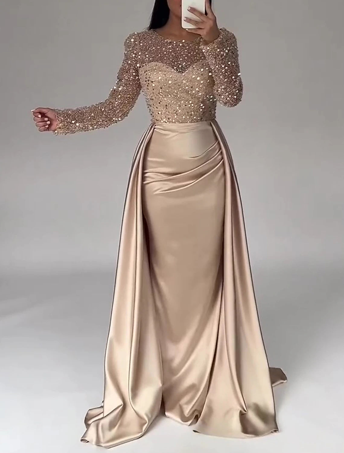 Mermaid Sequin Evening Gown Ruched Satin Dress Long Sleeves Floor Length Sparkle Illusion Neck Prom Wedding Guest Dress with Overskirt