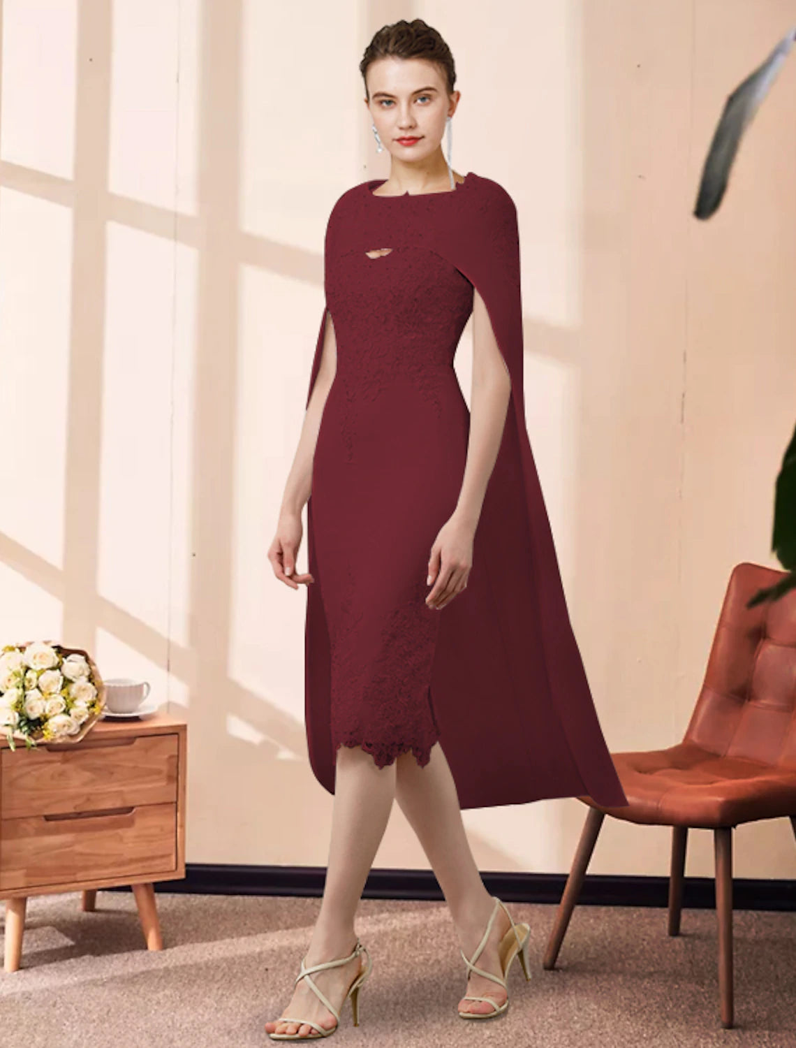 Two Piece Sheath / Column Mother of the Bride Dress Wedding Guest Church Elegant Jewel Neck Knee Length Chiffon Lace Sleeveless with Beading Appliques