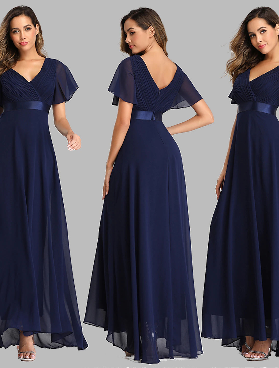 A-Line Prom Dresses Christmas Red Green Dress Fall Wedding Guest Dress For Bridesmaid Floor Length Short Sleeve V Neck Chiffon V Back with Ruched Ruffles