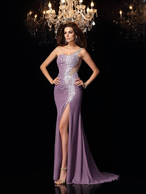 Trumpet/Mermaid One-Shoulder Rhinestone Sleeveless Long Chiffon Party Dresses Formal Dresses