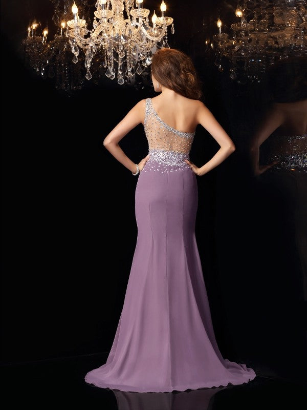 Trumpet/Mermaid One-Shoulder Rhinestone Sleeveless Long Chiffon Party Dresses Formal Dresses