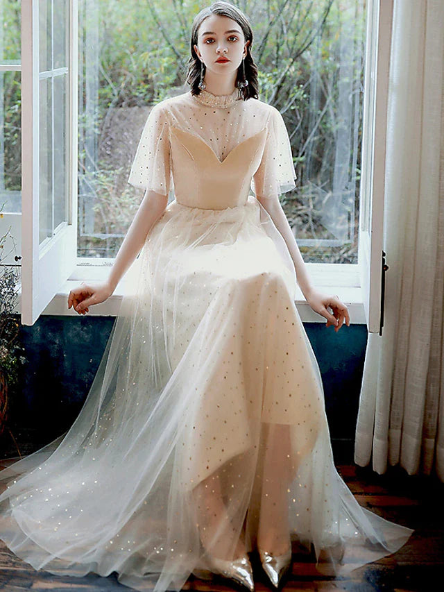 A-Line Prom Dresses Glittering Dress Party Wear Ankle Length Half Sleeve High Neck Tulle with Pleats Sequin