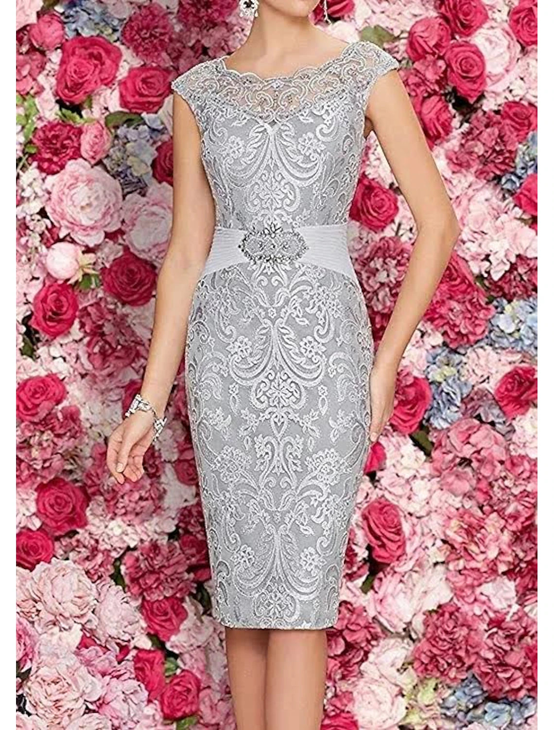 Two Piece Scoop Neck Knee Length Formal Wedding Guest Chiffon Lace Sleeveless Jacket Dresses Mother of the Bride Dress with Beading Appliques